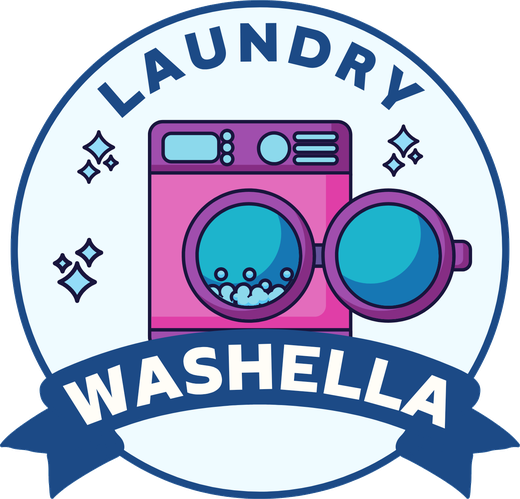 Washella Laundry logo: a pink washing machine in a round badge